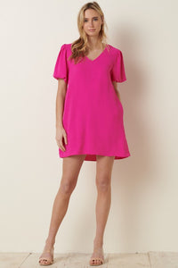 Puff Sleeve Shift Dress Hot Pink