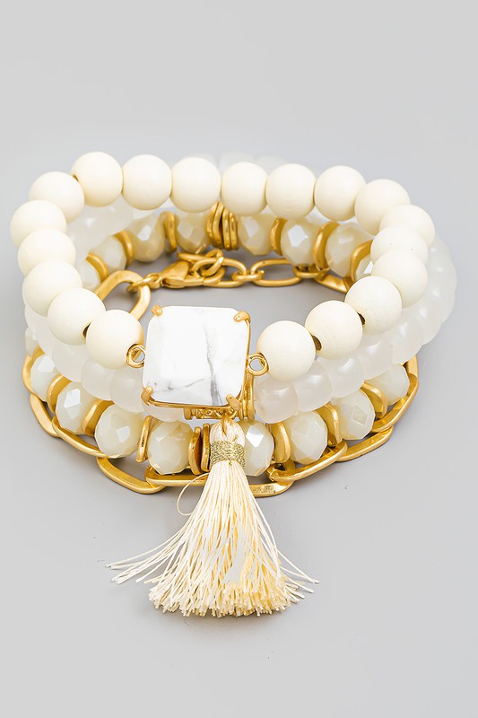 Stone Beaded Tassel Set White