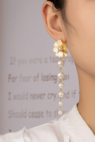 Flower Pearl Drop Earrings Gold
