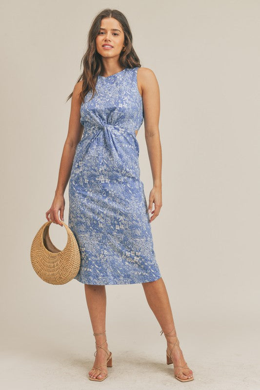 Twist Front Floral Midi Dress Blue
