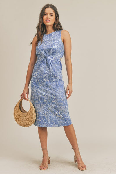 Twist Front Floral Midi Dress Blue