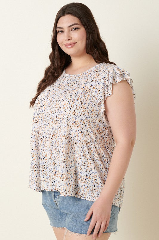 Abstract Print Ruffled Top Ivory