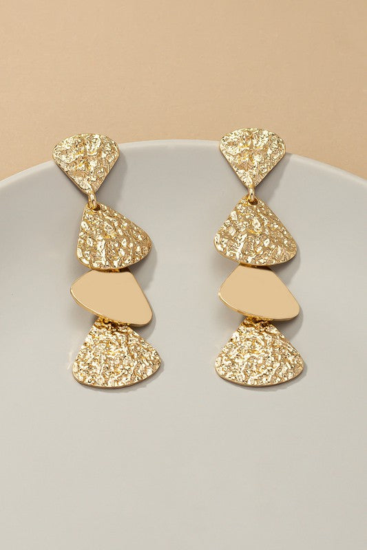 Hammered and Solid Triangle Drop Earrings Gold