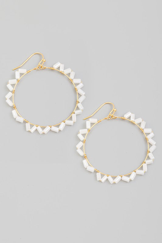Circle Wire Beaded Drop Earrings WHT