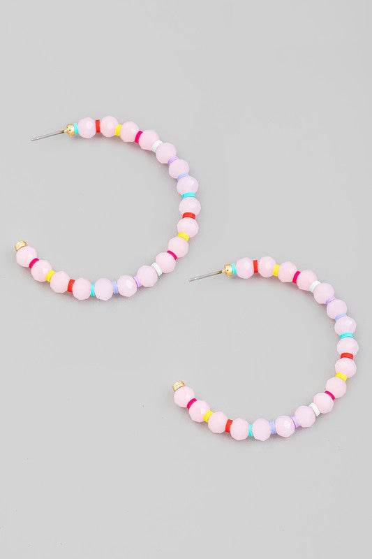 Glass Beaded Open Hoop Pink