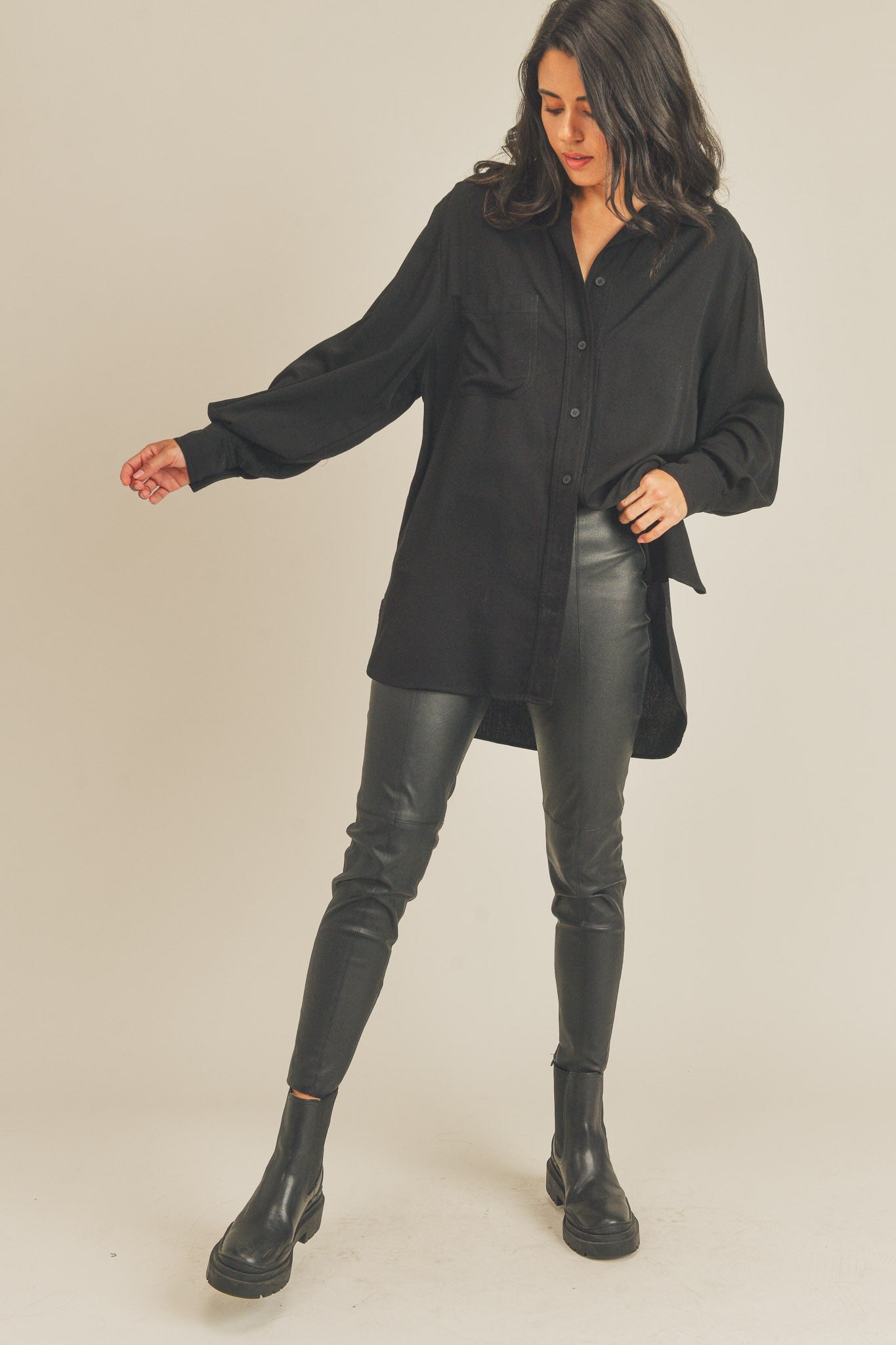 Button Down Tunic Top Black