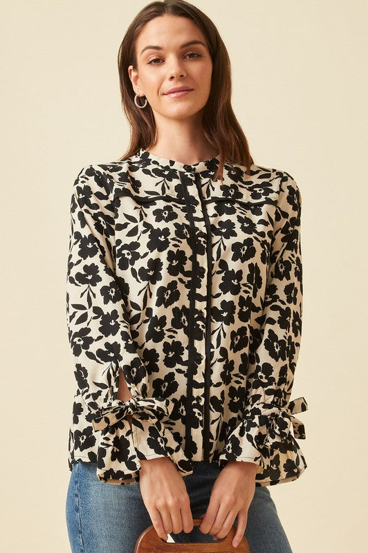 Floral Print Tie Sleeve Button Up