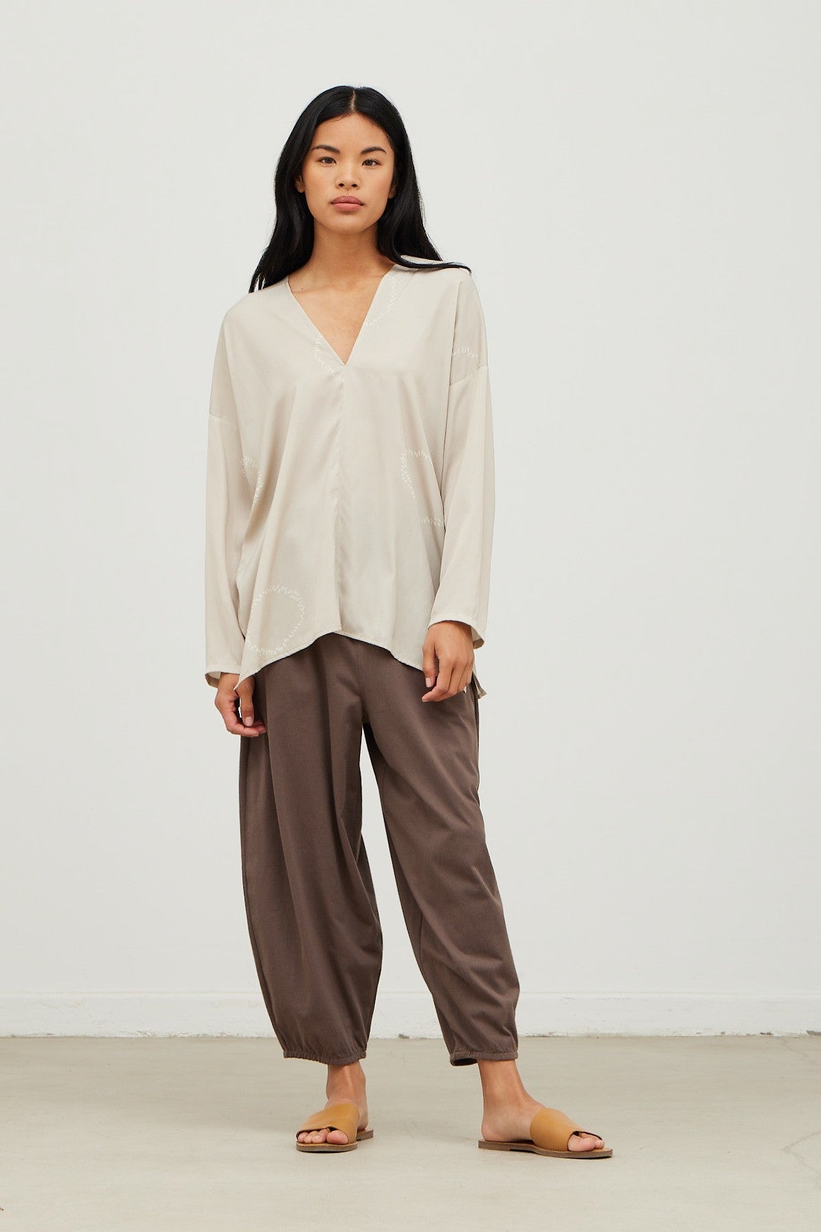 Detailed Satin V-Neck Blouse ECRU