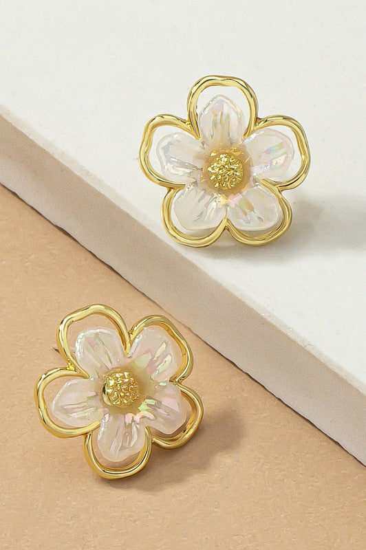 Iridescent Flower Stud Earrings Gold