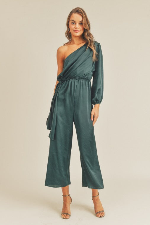 One Shoulder Satin Jumpsuit Teal