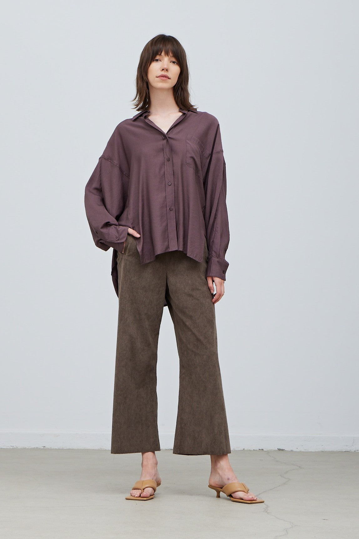 Satin Square Slit Shirt Aubergine