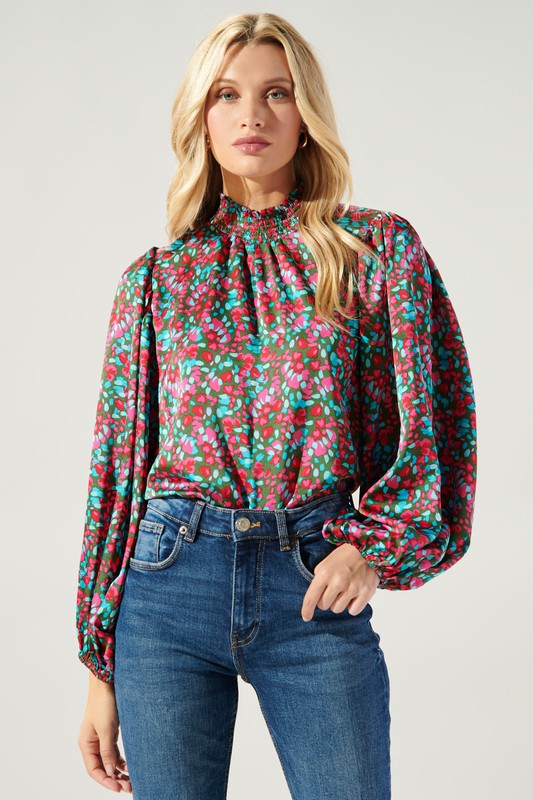 Smock Neck Satin Top Multi