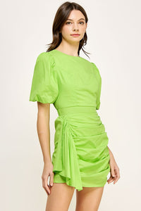 Ruched Short Puff Sleeve Mini Lime