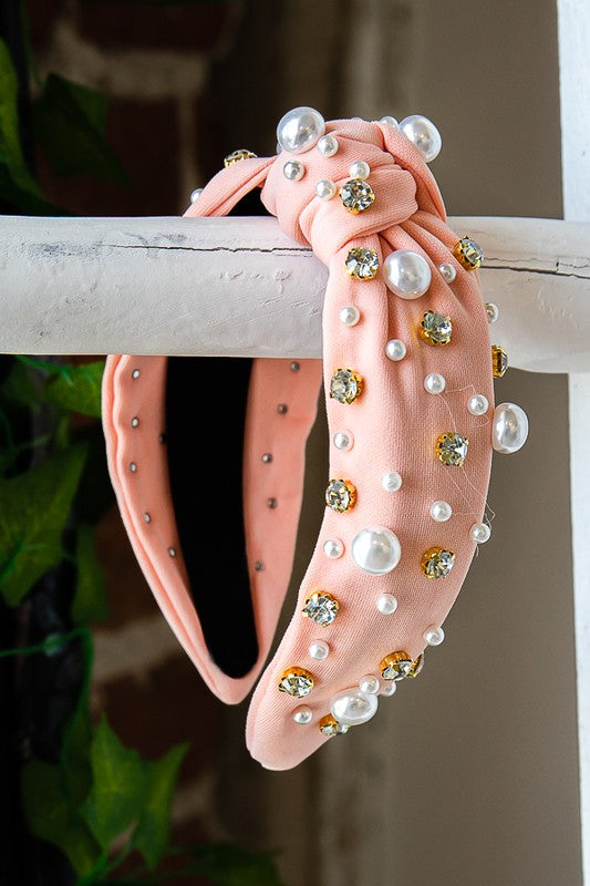 Rhinestone and Pearl Headband Peach