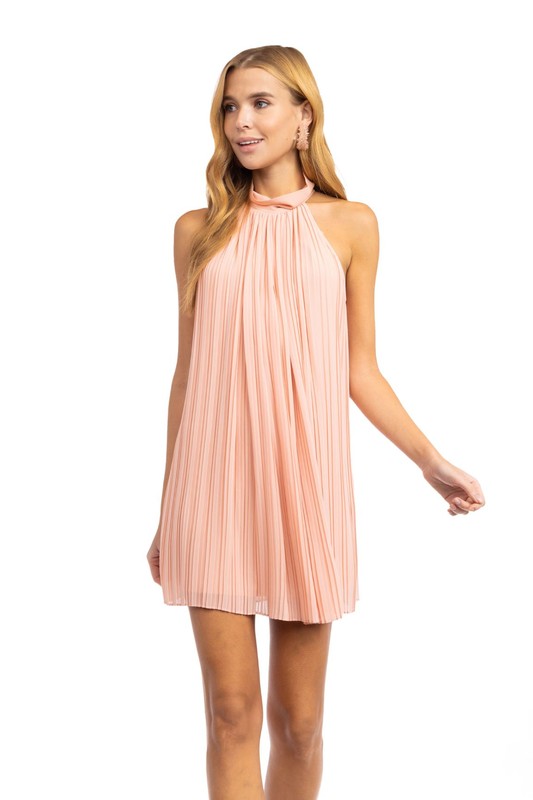 Pleated High Neck Dress Rose Dawn