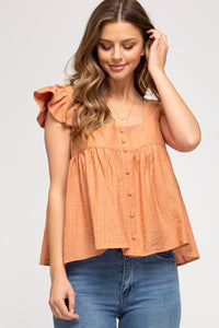 Ruffled Sleeve Button Down Tank Apricot