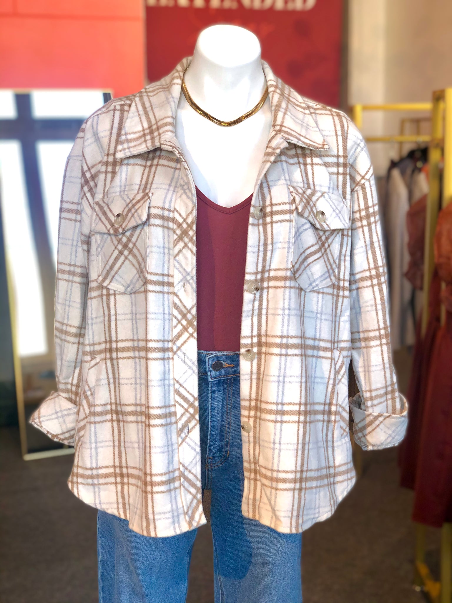 Oversized Plaid Shacket Cream
