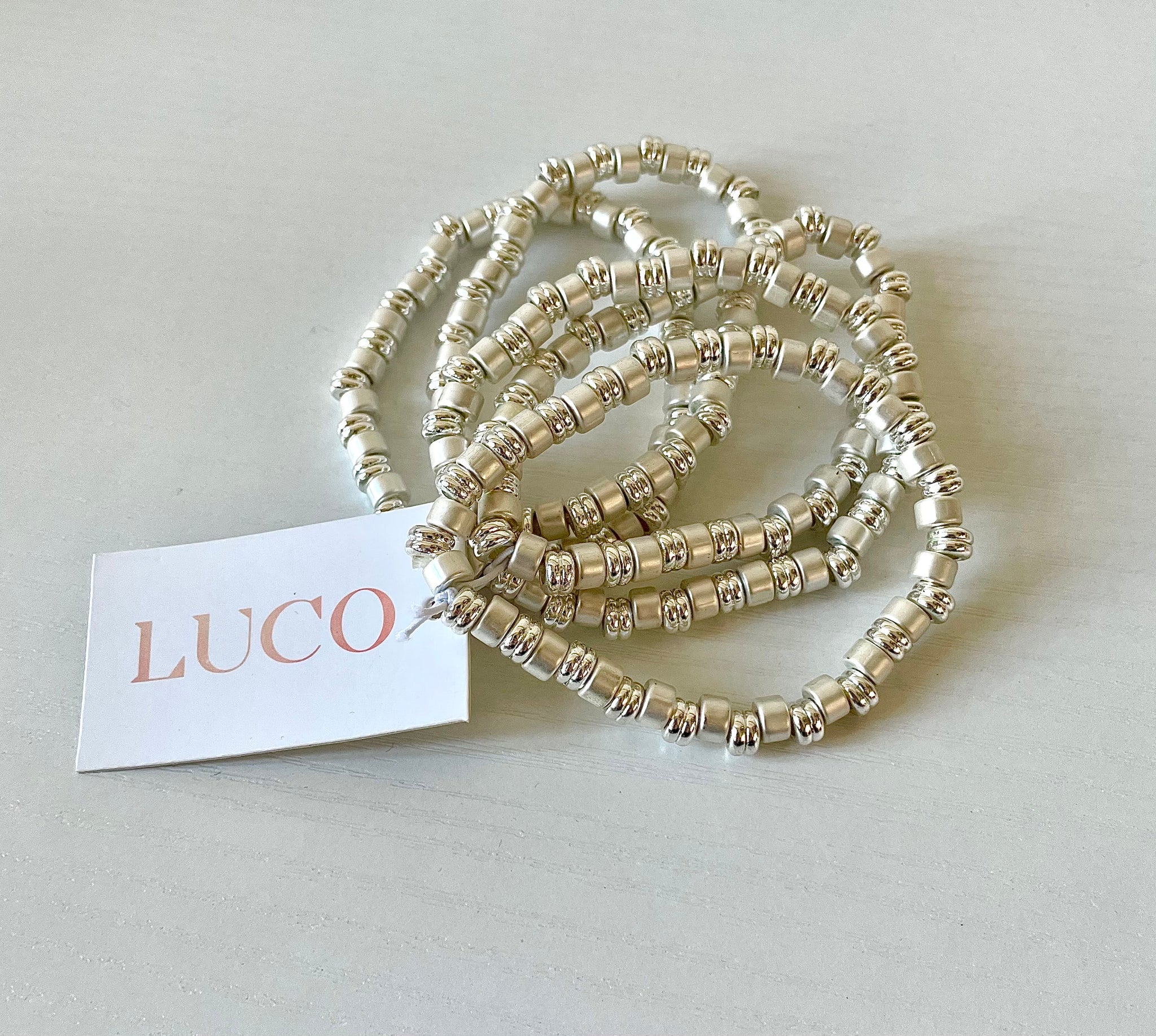 Beaded Bracelet Set Silver