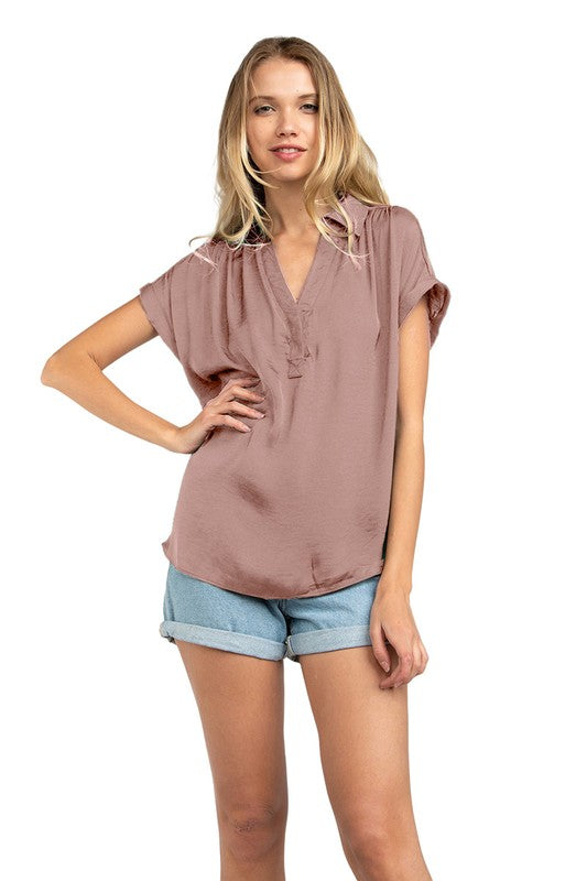 Half Placket Short Sleeve Blouse Sable