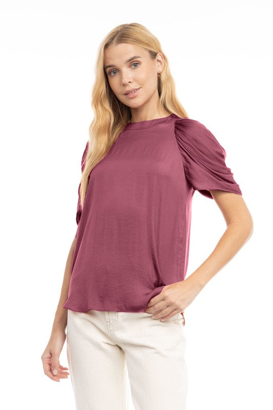 Puff Shoulder Mock Neck Top Rosewood