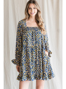 Long Sleeve Cheeta Print Dress Blue
