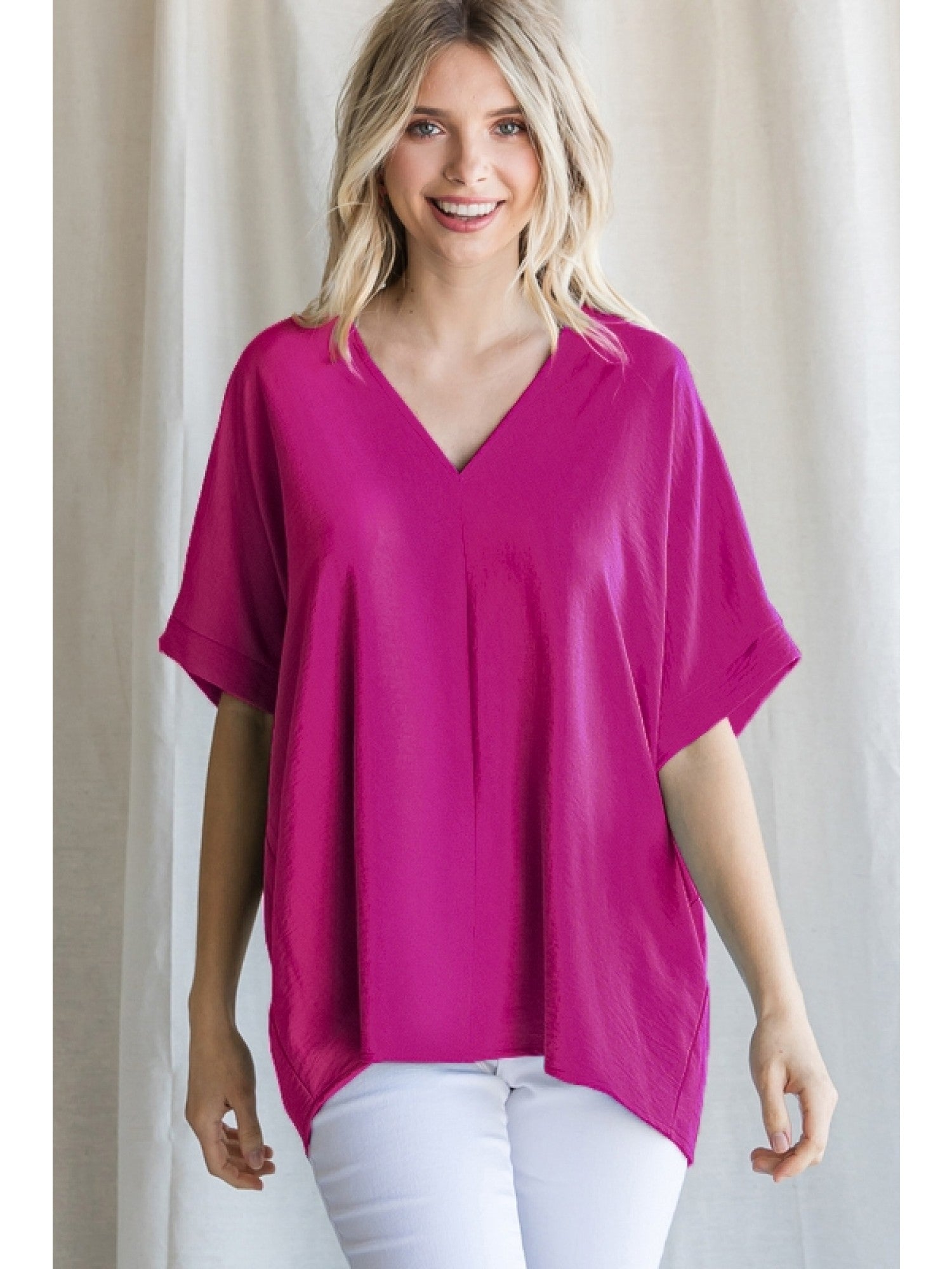 V-Neck Short Sleeve Top Magenta