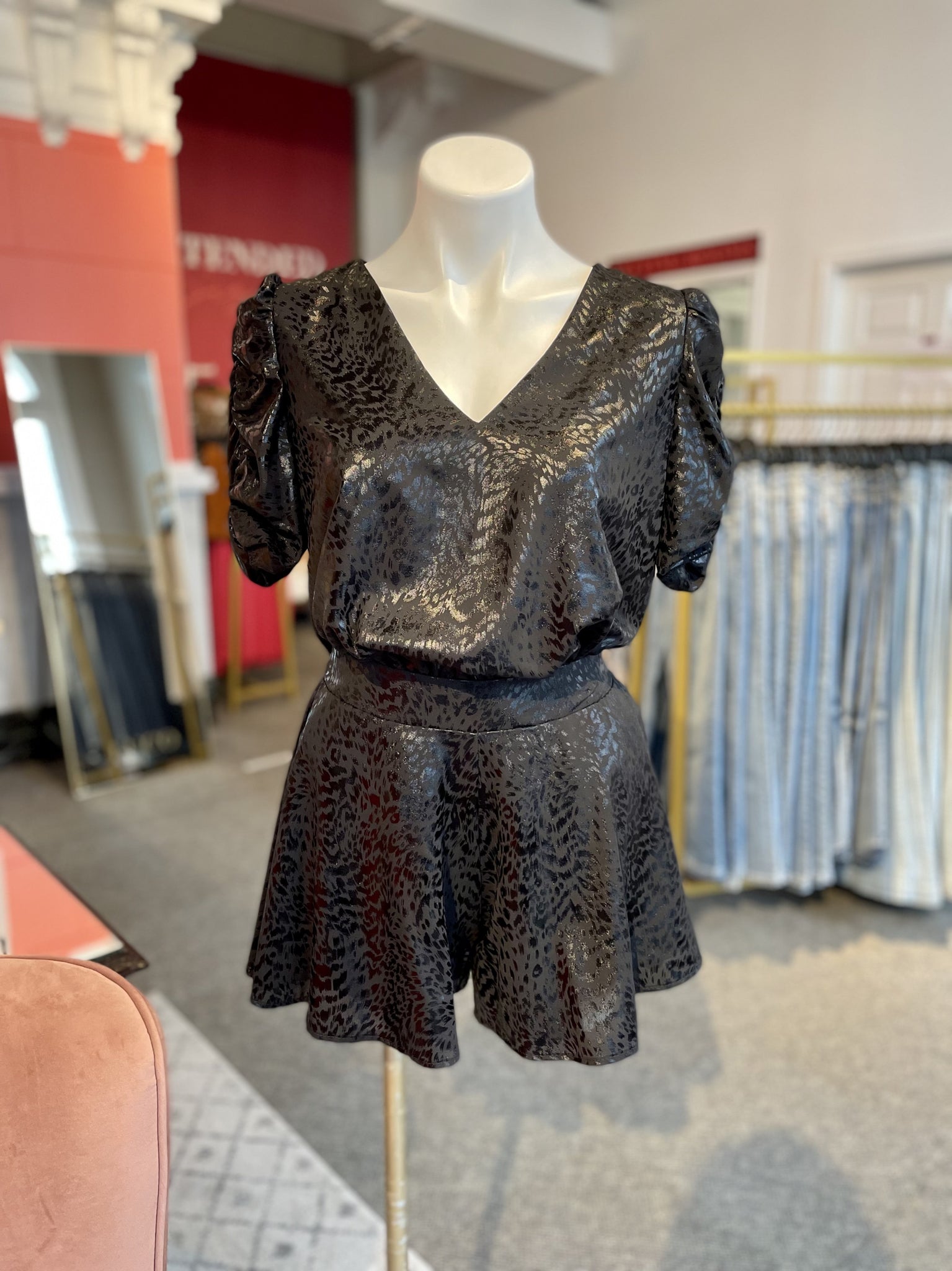 Ruched Sleeve V-Neck Top Animal Black