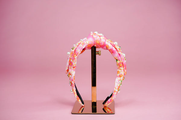 Hot Pink Floral Pearl Headband