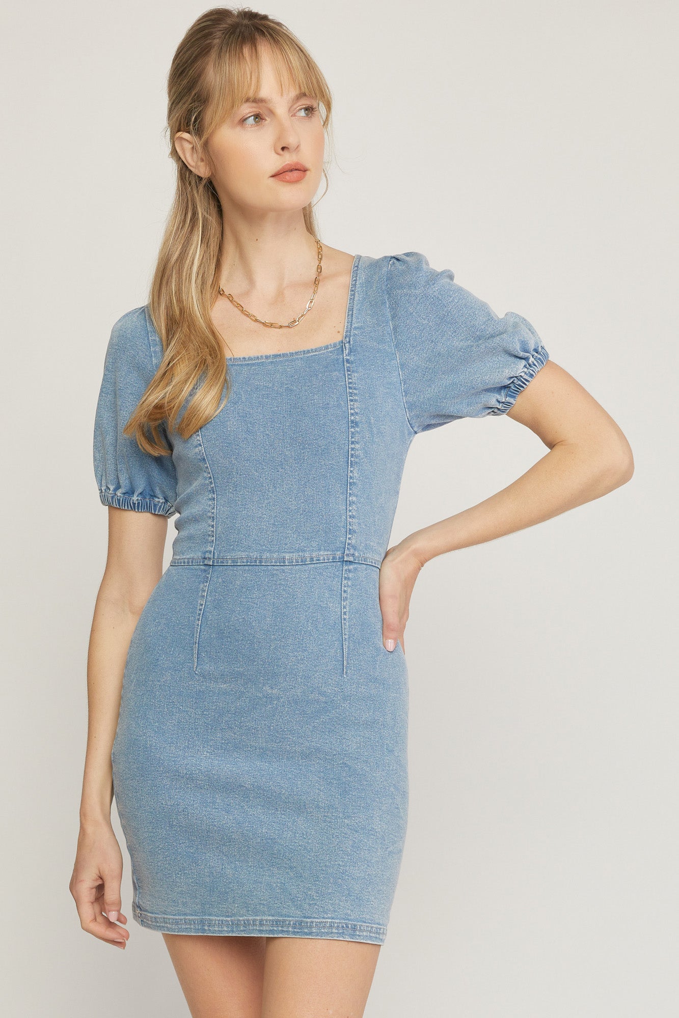 Denim Puff Sleeve Dress Lt Blue