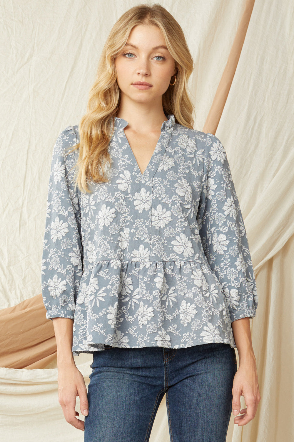 Textured Peplum Top Blue Grey