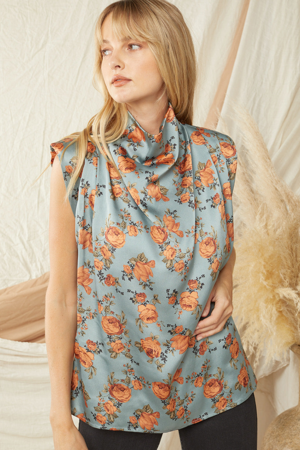 Floral Print Cowl Neck Top Sea Green