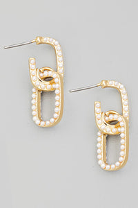 Pearl Studded Oval Chain Link Earrings Gold