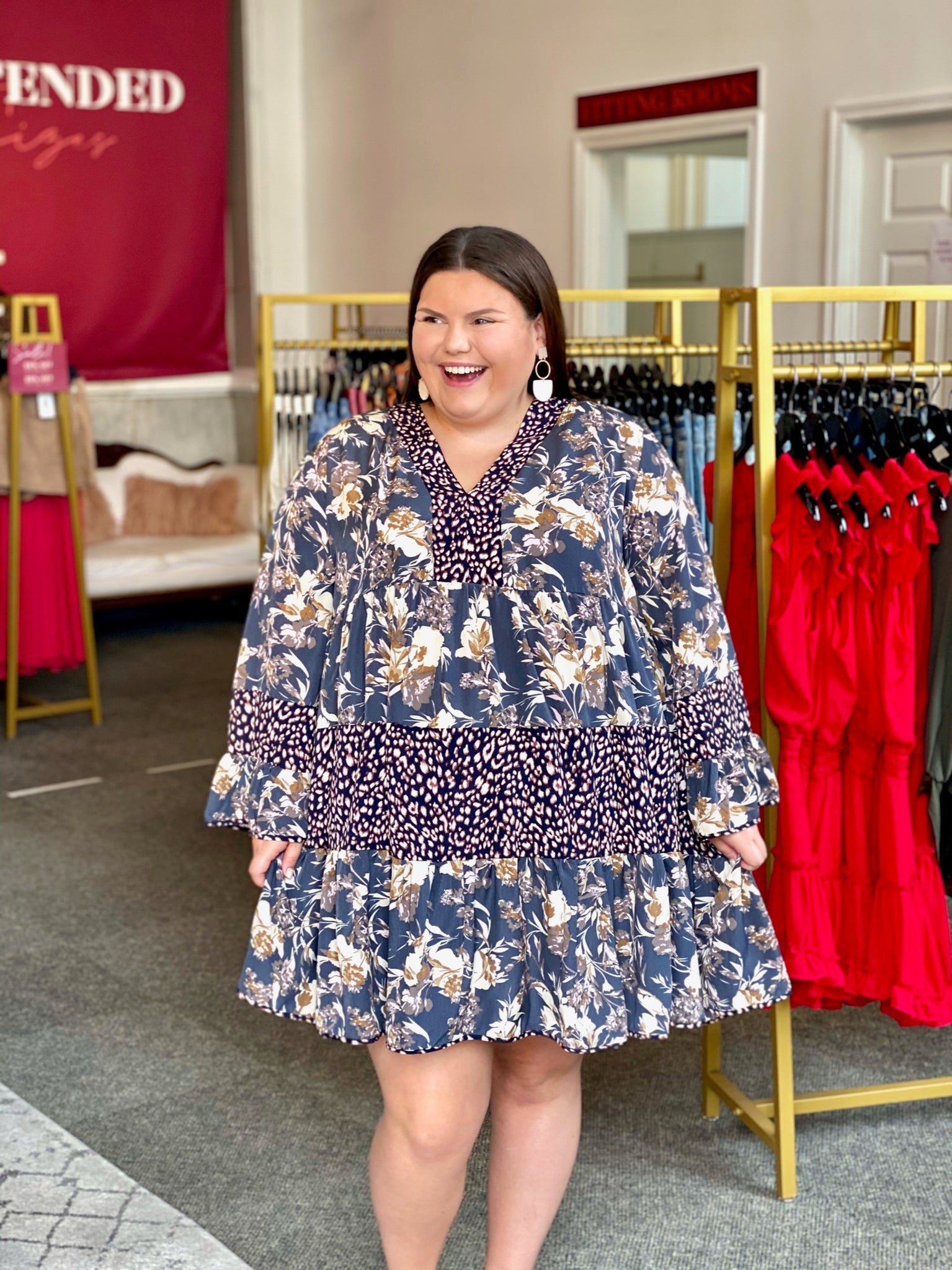 Floral and Leopard Bell Sleeve Dress Charcoal