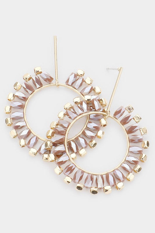 Bead Trimmed Circle Dangle Earrings Taupe