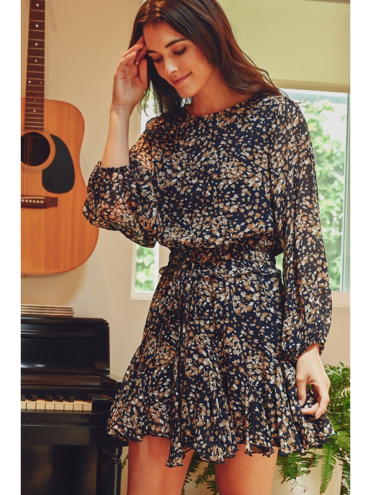 Smocked Waisted Dress Navy