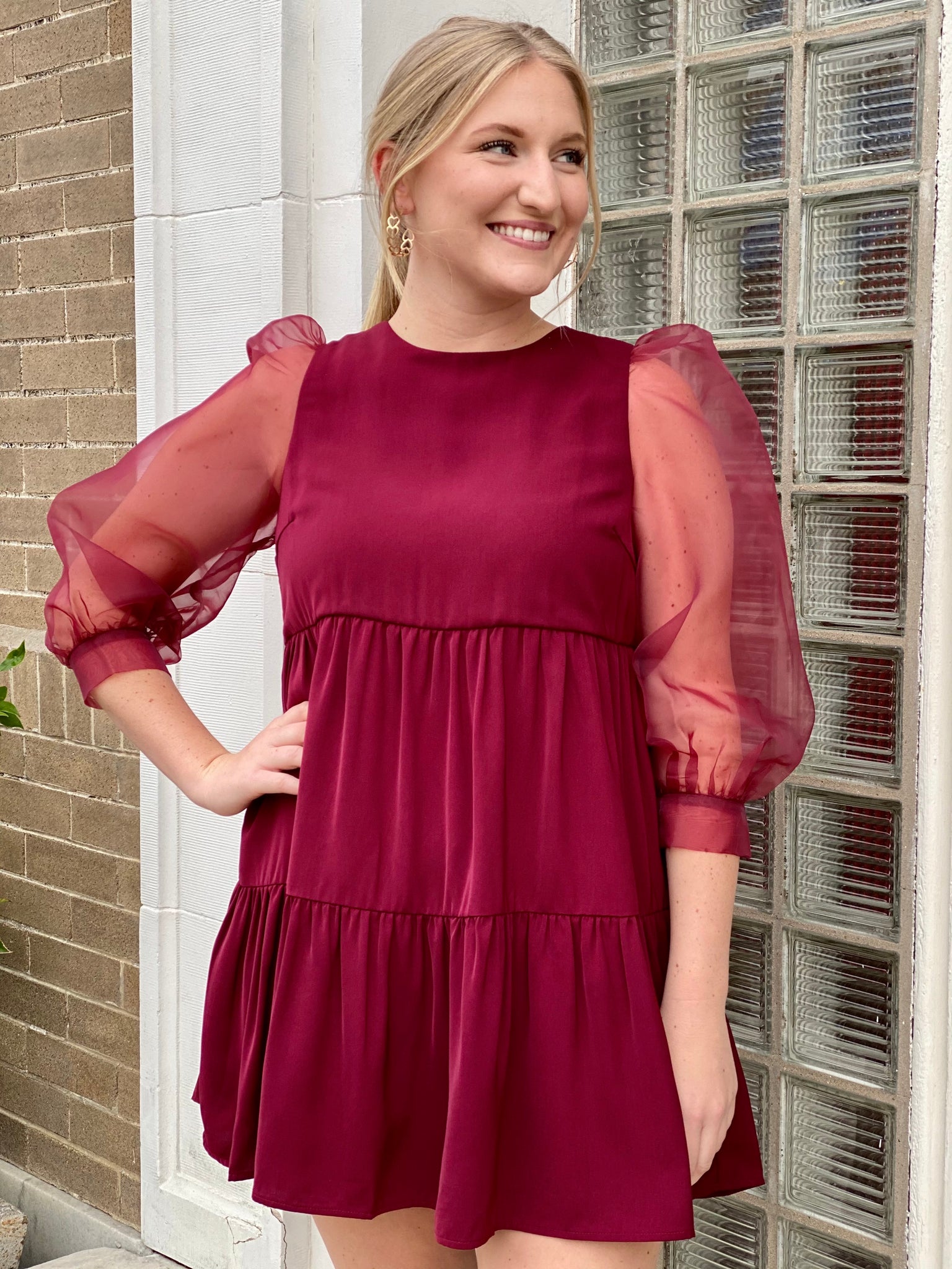 Sheer Sleeve Tiered Dress Burgundy