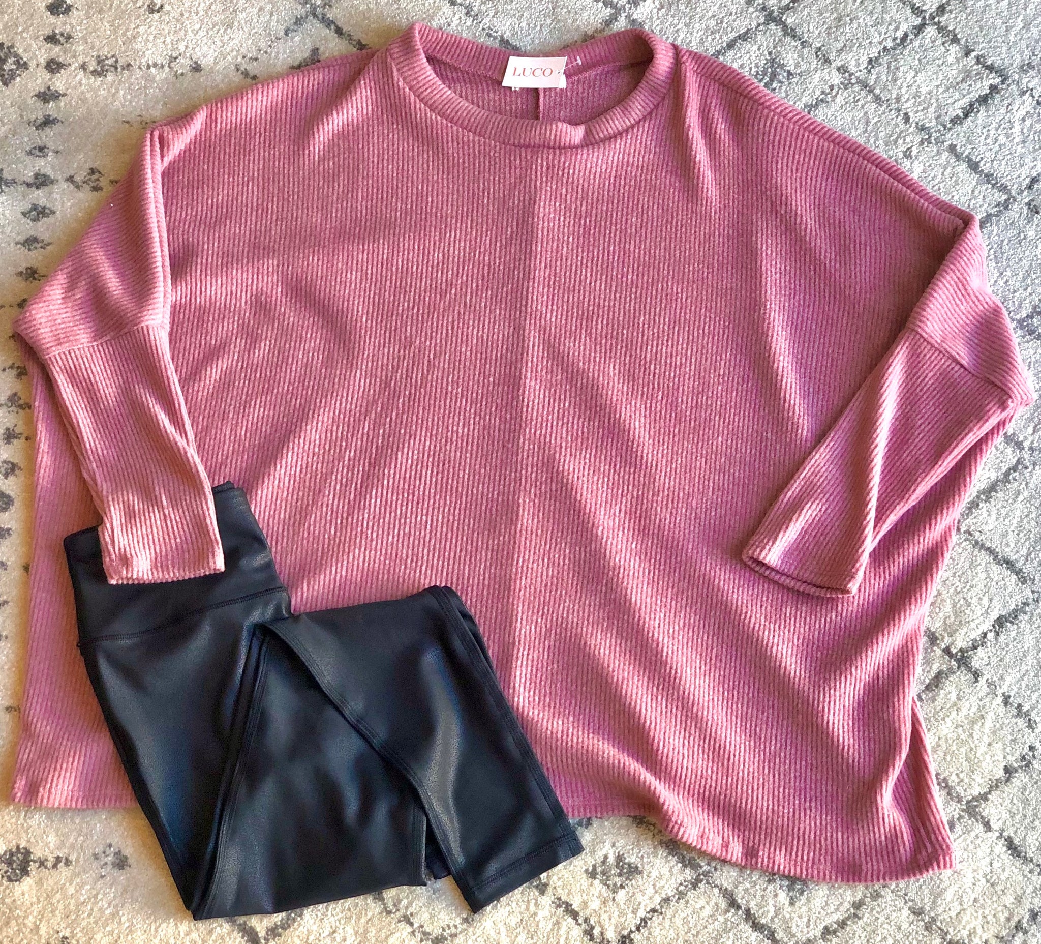 Round Neck Long Sleeve Oversize Top Deep Rose