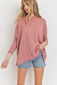 Three Quarter Length Sleeve Cable Knit Top Mauve