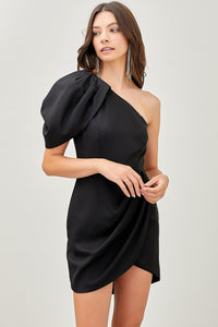 One Shoulder Puff Pleat Dress Black
