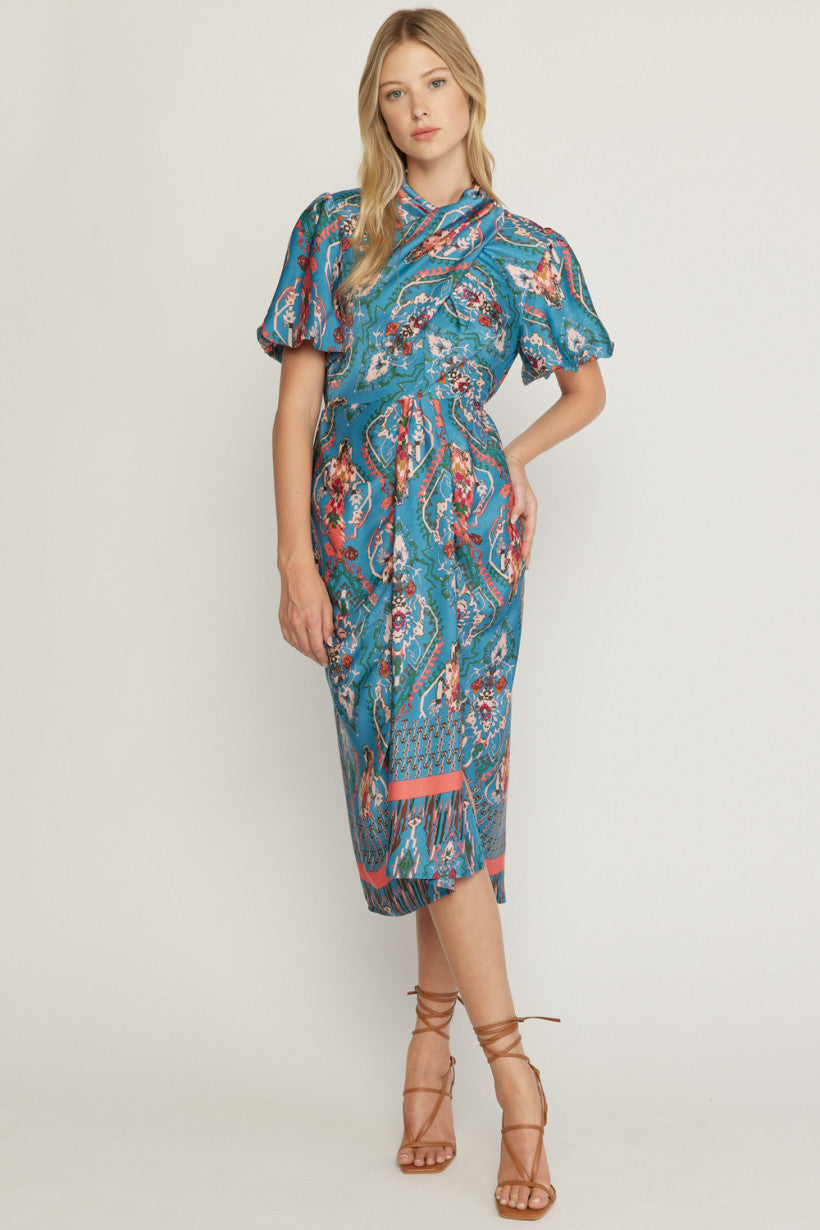 Printed Bubble Sleeve Midi Teal