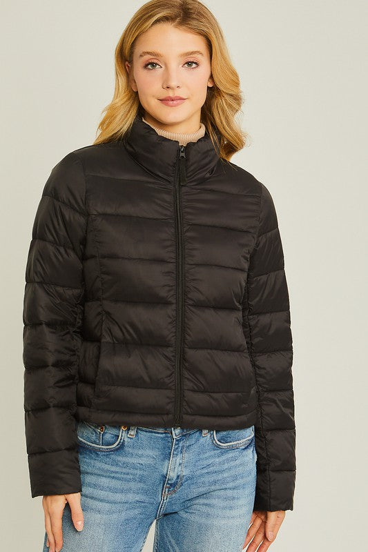 Woven Solid Puffer Jacket Black