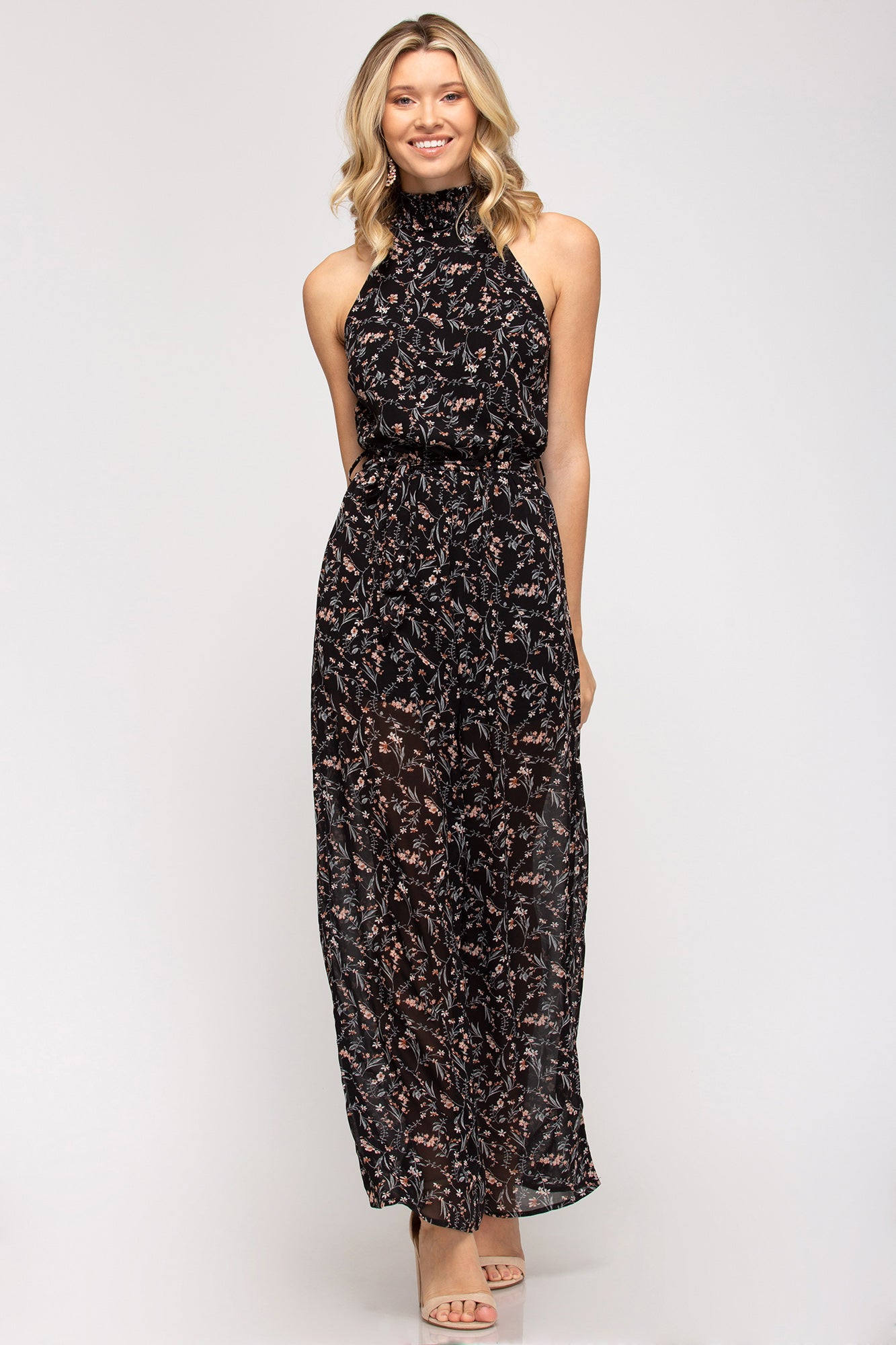 Woven Mock Neck Jumpsuit with Floral Detail