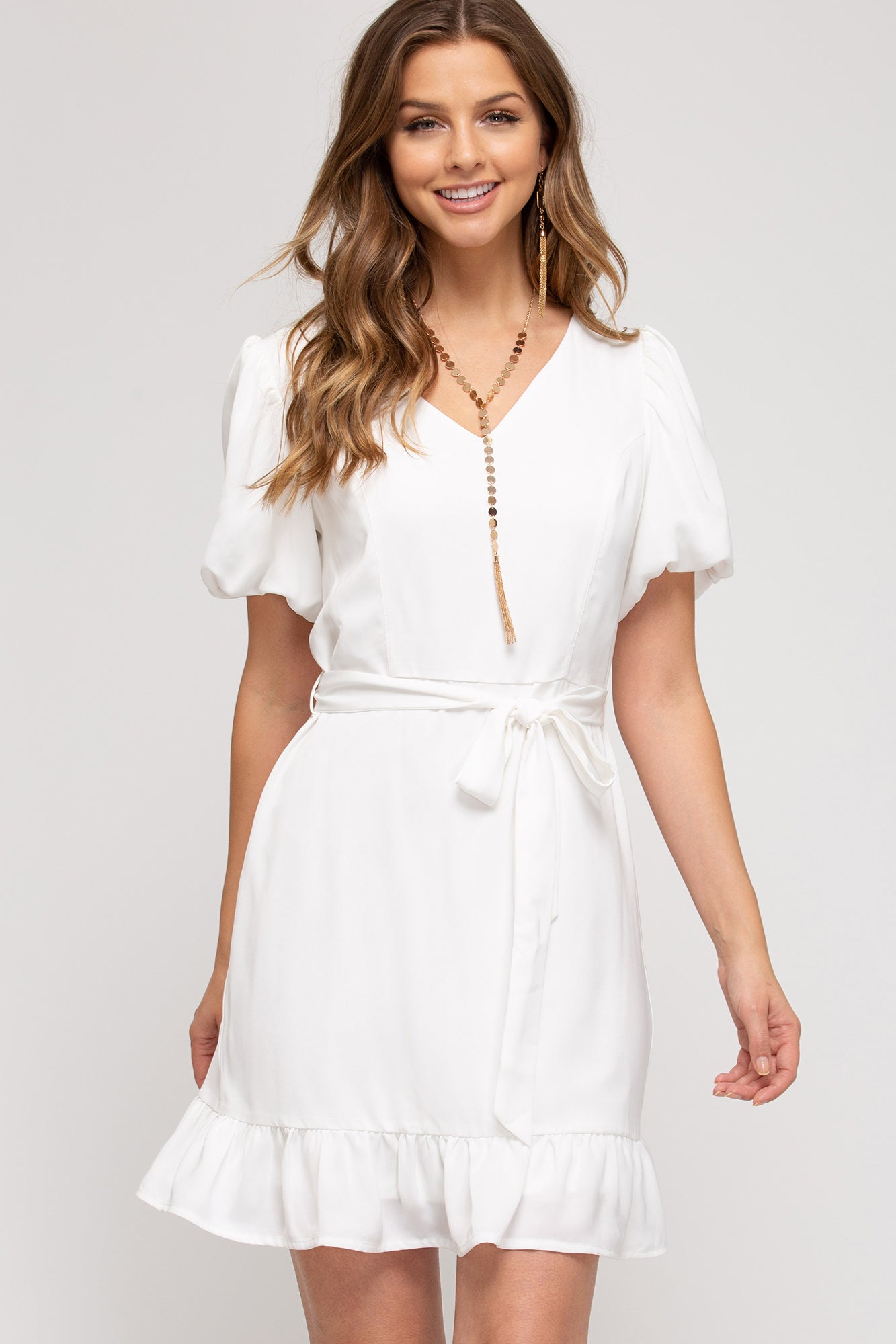 Short Bubble Sleeve V-Neck Dress Off White