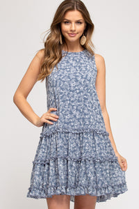 Sleeveless Woven Printed Tiered Dress With Lining