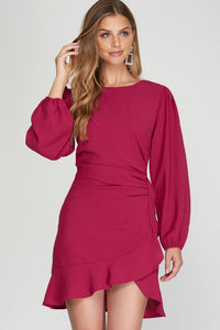 Shirred Detail Ruffled Hem Dress Berry