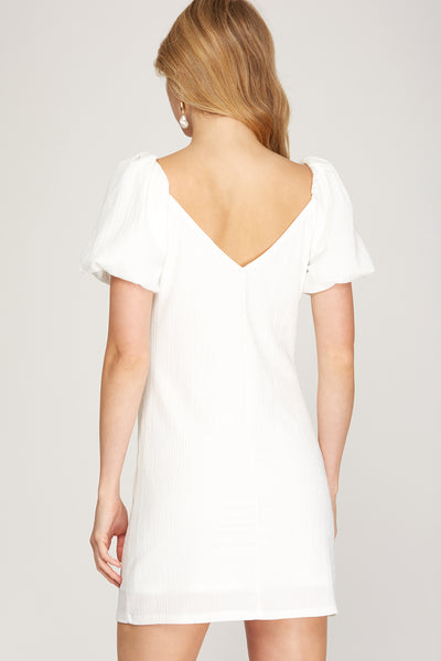 Short Puff Sleeve Knit Dress White