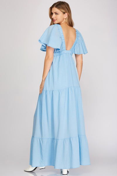 Woven Maxi Tiered Dress Blue