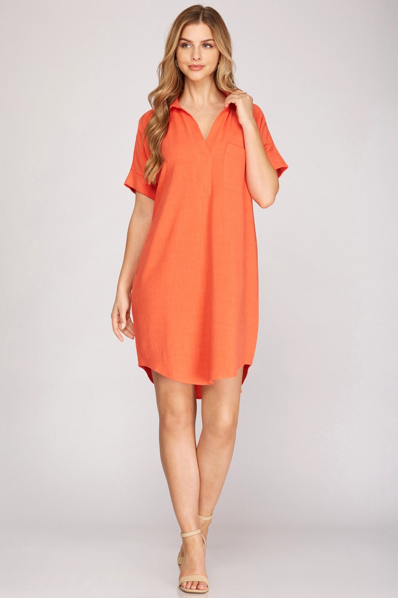 Woven Collared Dress Coral