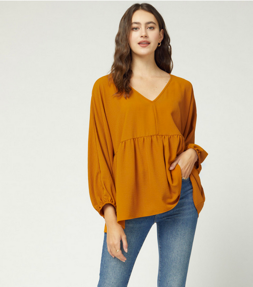 Long Sleeve Babydoll Top Camel