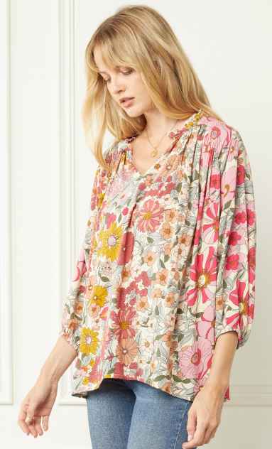 V-Neck Floral Long Sleeve Top Natural